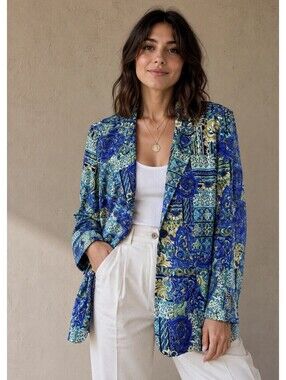 VTG Valerie Peyson Rayon Blazer Women’s Blue Abstract Baroque 90s Oversized Sz M